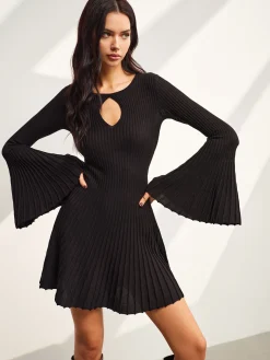 COMMENSE Keyhole Neckline Bell Sleeve Sweater Dress* Black Dresses|Sweater Dresses