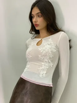 COMMENSE Keyhole Neckline Floral Mesh Blouse* Blouses & Shirts|Tops