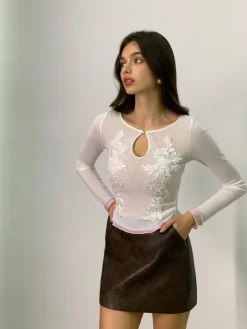 COMMENSE Keyhole Neckline Floral Mesh Blouse* Blouses & Shirts|Tops