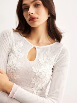 COMMENSE Keyhole Neckline Floral Mesh Blouse* Blouses & Shirts|Tops