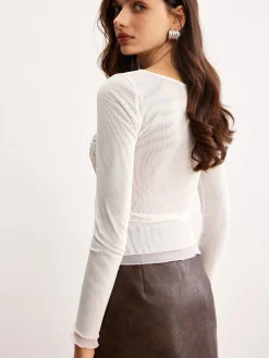 COMMENSE Keyhole Neckline Floral Mesh Blouse* Blouses & Shirts|Tops
