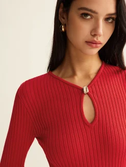 COMMENSE Keyhole Neckline Knit Skirt Set* Sweater Tops|Skirts