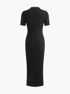 COMMENSE Knit Button Short Sleeve Slim Dress* Black Dresses|Sweater Dresses