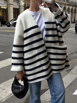 COMMENSE Knit Oversized Stripe Pocket Cardigan* Cardigans|Sweaters & Cardigans