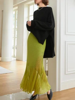 COMMENSE Knit Pleated Semi-sheer Maxi Skirt* Skirts|Knitwear