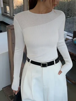 COMMENSE Knit Ribbed Crew Neck Asymmetric Top* Sweater Tops|Sweaters & Cardigans