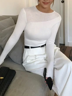 COMMENSE Knit Ribbed Crew Neck Asymmetric Top* Sweater Tops|Sweaters & Cardigans