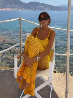 COMMENSE Knit Ruffle Midi Dress With Openwork Panels* Sweater Dresses|Vacation Dresses