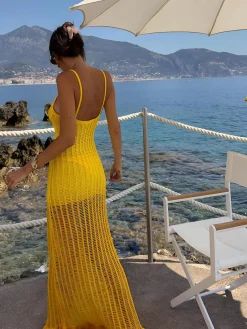 COMMENSE Knit Ruffle Midi Dress With Openwork Panels* Sweater Dresses|Vacation Dresses