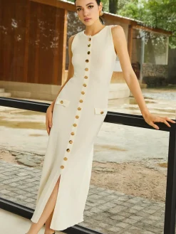 COMMENSE Knit Sleeveless Buttoned Sweater Dress* Sweater Dresses|Work Dresses