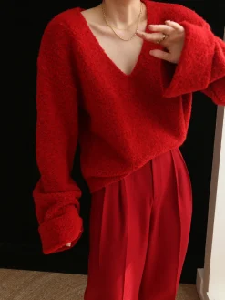 COMMENSE Knit Solid V-neck Long Sleeve Sweater* Sweater Tops|Long Sleeve Sets