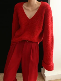 COMMENSE Knit Solid V-neck Long Sleeve Sweater* Sweater Tops|Long Sleeve Sets