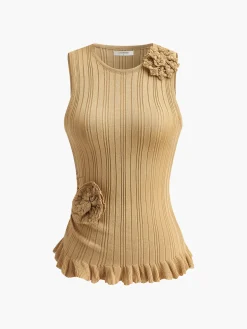 COMMENSE Knit-Floral Lettuce Trim Tank Top* Tank Tops & Camis|Knitwear