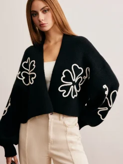COMMENSE Knit-Floral Short Outerwear* Sweater Tops|Outerwear