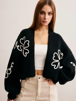 COMMENSE Knit-Floral Short Outerwear* Sweater Tops|Outerwear