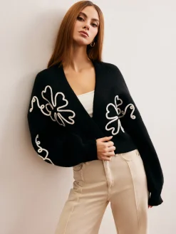 COMMENSE Knit-Floral Short Outerwear* Sweater Tops|Outerwear