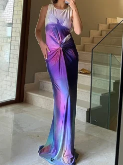COMMENSE Knot Printed Gradient Long Dress* Cocktail & Party Dresses|Summer Dresses