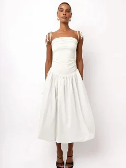 COMMENSE Knotted Adjustable Strap Pockets Midi Dress* White Dresses|Casual Dresses