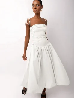 COMMENSE Knotted Adjustable Strap Pockets Midi Dress* White Dresses|Casual Dresses