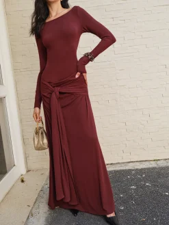 COMMENSE Knotted Ruched Jersey Long Dress* Casual Dresses|Cocktail & Party Dresses