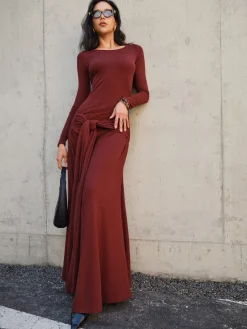 COMMENSE Knotted Ruched Jersey Long Dress* Casual Dresses|Cocktail & Party Dresses