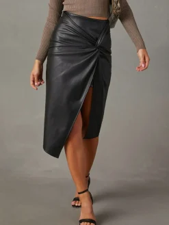 COMMENSE Knotted Slit Faux Leather Skirt* Skirts|Bottoms