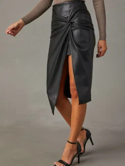COMMENSE Knotted Slit Faux Leather Skirt* Skirts|Bottoms
