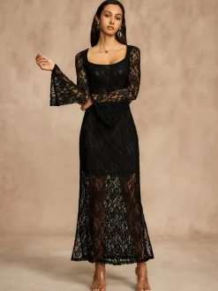 COMMENSE Lace Bell Sleeve Lined Dress* Black Dresses|Casual Dresses