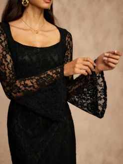 COMMENSE Lace Bell Sleeve Lined Dress* Black Dresses|Casual Dresses