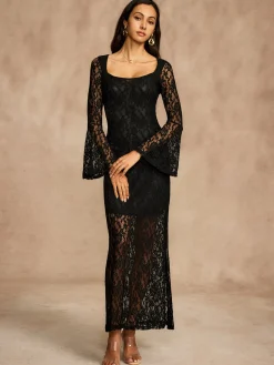 COMMENSE Lace Bell Sleeve Lined Dress* Black Dresses|Casual Dresses