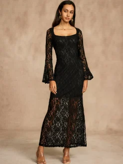 COMMENSE Lace Bell Sleeve Lined Dress* Black Dresses|Casual Dresses