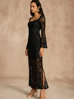 COMMENSE Lace Bell Sleeve Lined Dress* Black Dresses|Casual Dresses