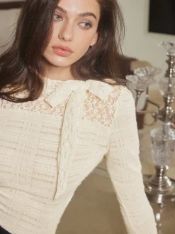 COMMENSE Lace Bow Textured Slim Blouse* Blouses & Shirts|Tops