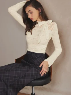 COMMENSE Lace Bow Textured Slim Blouse* Blouses & Shirts|Tops