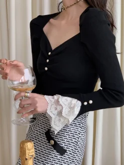 COMMENSE Lace Cuff Slim Sweater* Sweater Tops|Sweaters & Cardigans