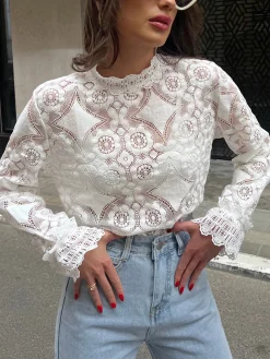 COMMENSE Lace Embroidery Floral Mock Neck Blouse* Blouses & Shirts|Tops