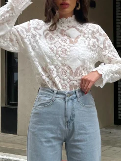 COMMENSE Lace Embroidery Floral Mock Neck Blouse* Blouses & Shirts|Tops