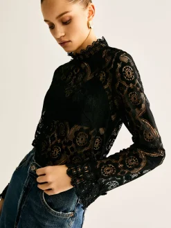 COMMENSE Lace Embroidery Floral Mock Neck Blouse* Blouses & Shirts|Tops
