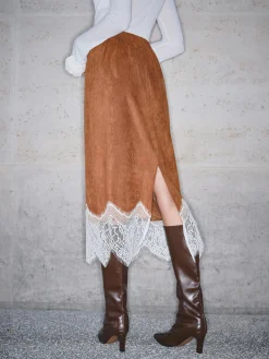 COMMENSE Lace Hem Suede Skirt* Skirts|Bottoms
