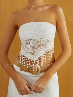 COMMENSE Lace Insert Tassel Hem Tube Top* Tank Tops & Camis
