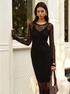 COMMENSE Lace Panel Long Dress* Casual Dresses|Cocktail & Party Dresses
