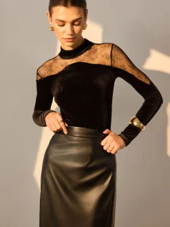 COMMENSE Lace Panel Velvet Slim Blouse* Blouses & Shirts|Tops