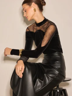 COMMENSE Lace Panel Velvet Slim Blouse* Blouses & Shirts|Tops