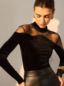COMMENSE Lace Panel Velvet Slim Blouse* Blouses & Shirts|Tops