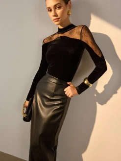 COMMENSE Lace Panel Velvet Slim Blouse* Blouses & Shirts|Tops