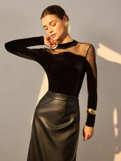 COMMENSE Lace Panel Velvet Slim Blouse* Blouses & Shirts|Tops