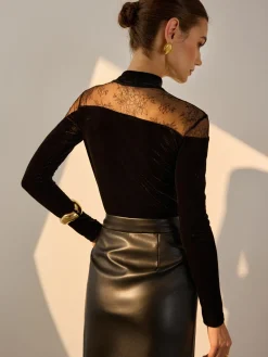 COMMENSE Lace Panel Velvet Slim Blouse* Blouses & Shirts|Tops