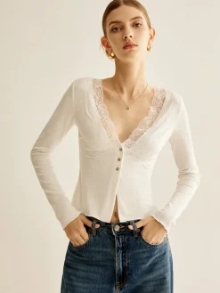 COMMENSE Lace Panel V-Neck Blouse* Blouses & Shirts|Tops