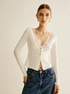 COMMENSE Lace Panel V-Neck Blouse* Blouses & Shirts|Tops