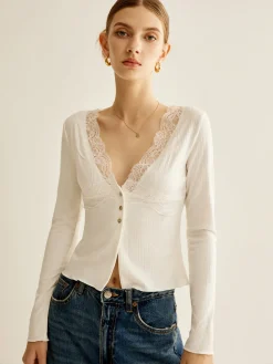 COMMENSE Lace Panel V-Neck Blouse* Blouses & Shirts|Tops